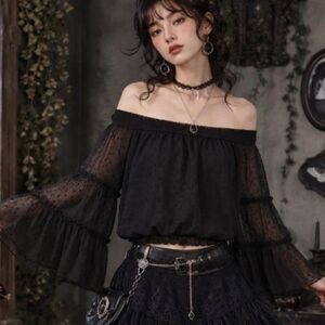 Whimsigoth Off The Shoulder Top Flared Bell Sleeve Women's Shirts Blouses Small
